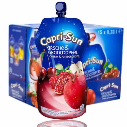 Capri-Sun Körsbär & Granatäpple Storpack är en smaskig juice helt utan konstgjorda färgämnen, smaker och konserveringsmedel. Levereras i en praktisk plastförpackning med återförslutbar kork. Säljs i 15-pack om 33 cl styck.
