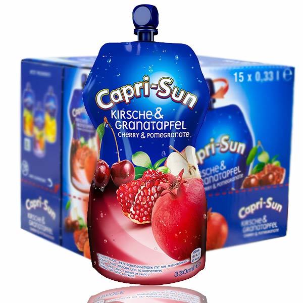 Capri-Sun Körsbär & Granatäpple Storpack är en smaskig juice helt utan konstgjorda färgämnen, smaker och konserveringsmedel. Levereras i en praktisk plastförpackning med återförslutbar kork. Säljs i 15-pack om 33 cl styck.